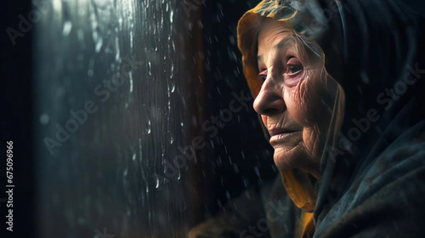 Obraz alone elderly woman by a window with rain drops.