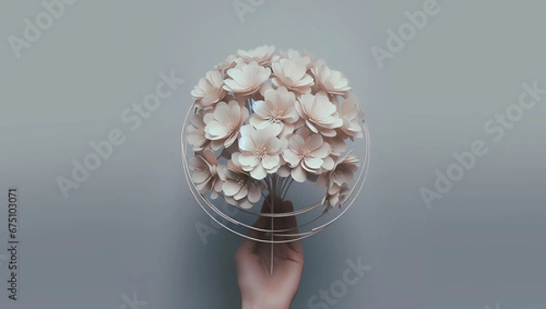 Obraz Artificial flower in hand, minimal gray background