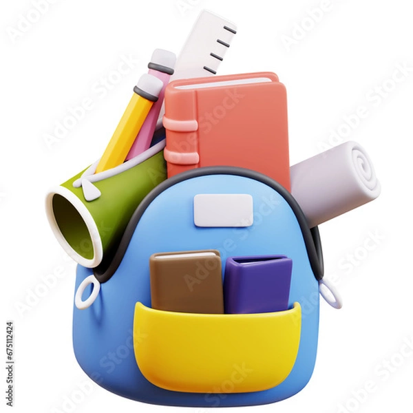 Obraz 3d school bag with school stuff.  3d design illustration back to school