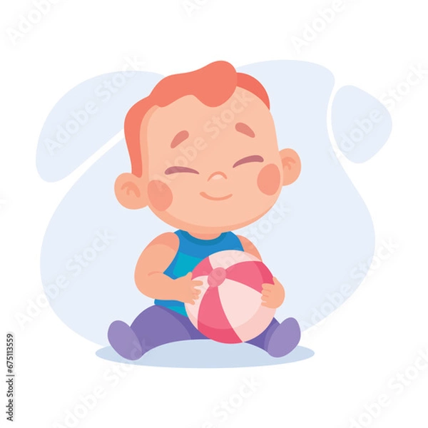Fototapeta Baby Little Boy with Cute Face Sit with Ball Playing Vector Illustration
