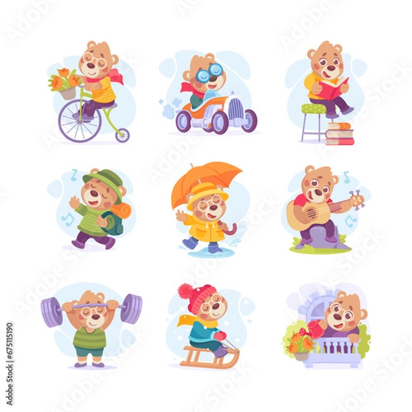 Obraz Cute Bear Character Engaged in Different Activity Vector Illustration Set