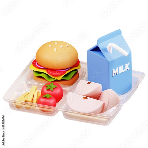 Obraz school children's lunch with a hamburger, milk, french fries and an apple 3d render. 3d design illustration back to school