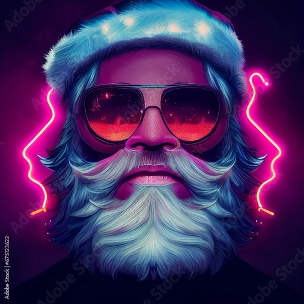 Fototapeta AI generated illustration of a cool Santa Claus face with sunglasses on a retro pink background