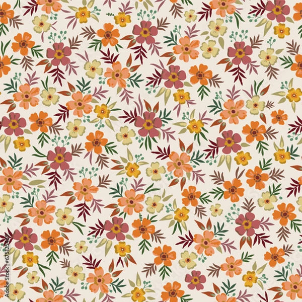 Fototapeta Colorful large-scale floral vector seamless pattern, hand-drawn. Nostalgic fashion textiles in retro style with burgundy, yellow and orange flowers on a light background.
