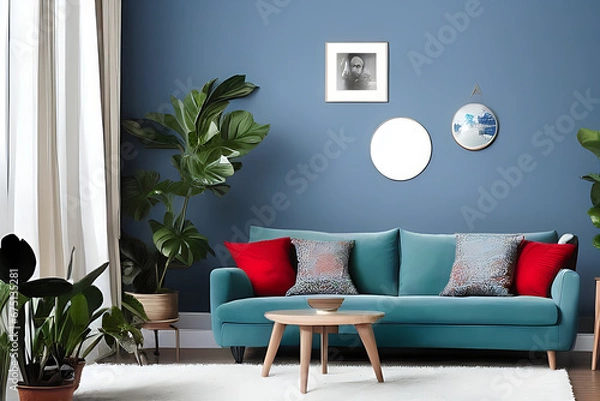 Fototapeta A Crimson Couch and Coffee Table, Potted Plants, Nile Blue Theme Wall with Vertical Blank Poster in a Minimalist Room