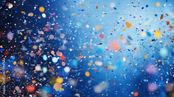 Fototapeta A festive and colorful party with flying neon confetti on a blue background