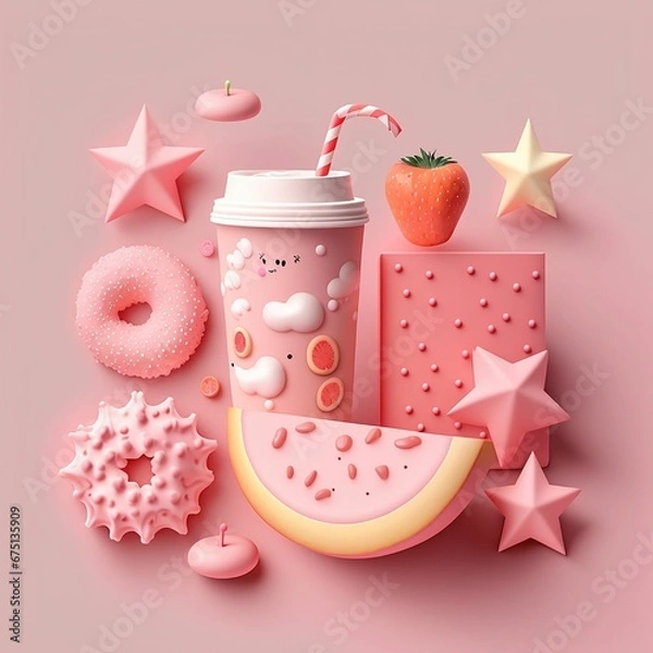 Fototapeta AI-generated illustration of sweets, fruits and objects on a background, all in pink