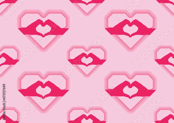 Fototapeta Seamless pattern in the shape of fingers showing love. Arranged alternately on a pink background.