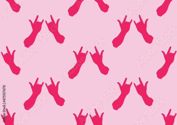 Fototapeta Seamless pattern in the shape of fingers showing love. Arranged alternately on a pink background.