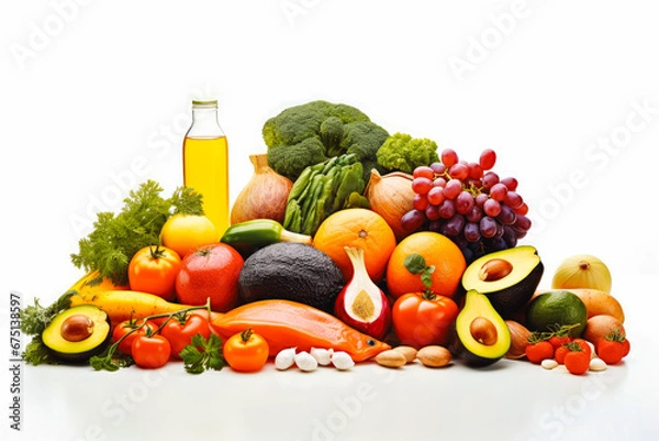 Fototapeta Food products representing the food pyramid. Healthy lifestyle, wholefoods and a balanced diet. Nutritious foods for fit lifestyle.
