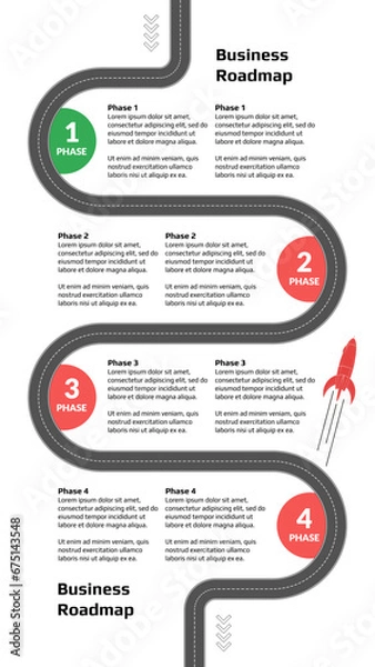 Fototapeta Vertical roadmap with winding road with milestones and rocket on white background. Infographic timeline template for business presentation. Vector.