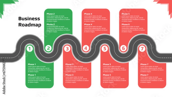 Fototapeta Roadmap with winding road with green and red stages on white background. Horizontal infographic timeline template for business presentation. Vector.