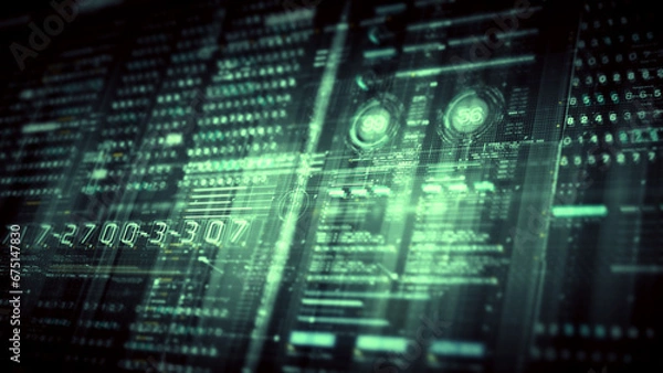 Fototapeta Immersive data matrix simulation UI with cutting-edge digital environment with a dynamic and immersive display of interconnected data matrix information networks systems background