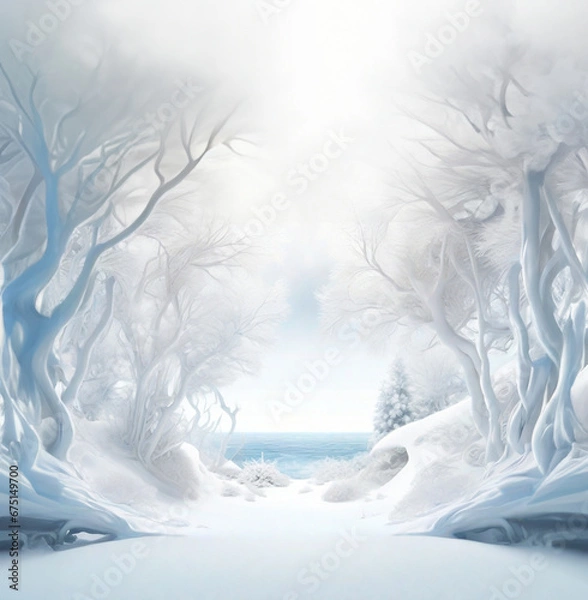 Fototapeta Empty nature podium with landscape surrounded by dazzling forest of trees on the seashore. Mockup for product presentation, branding, packaging, marketing, web, banner, editorial, print.