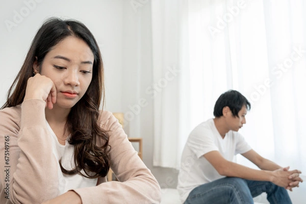 Fototapeta Divorce and quarrels. couples are desperate and disappointed after marriage. Husband and wife are sad, upset and frustrated after quarrels. distrust, love problems, betrayals. family problem...