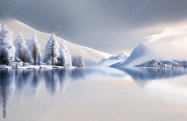 Fototapeta Panoramic nature podium image (landscape/wallpaper) with snowy trees, sky, deer and lake. Calm and elegant winter atmosphere. image for product presentation, branding, packaging, marketing, web.