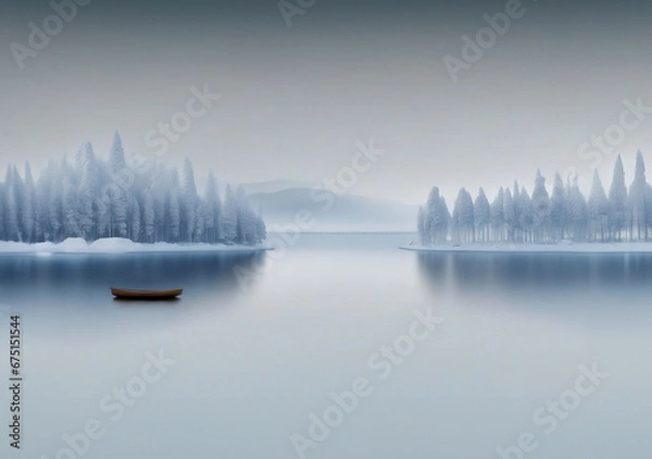 Fototapeta Pure white and blue landscape with snowy trees, wooden boat and lake. Calm and elegant winter atmosphere(nature podium). Image for product presentation.