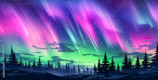 Fototapeta Aurora borealis on the Norway. Green northern lights above mountains. Night sky with polar lights. Night winter landscape with aurora and reflection on the water surface. Natural back