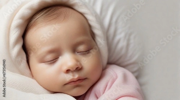 Fototapeta Portrait of a baby girl sleeps tight against white background with space for text, generative AI, background image