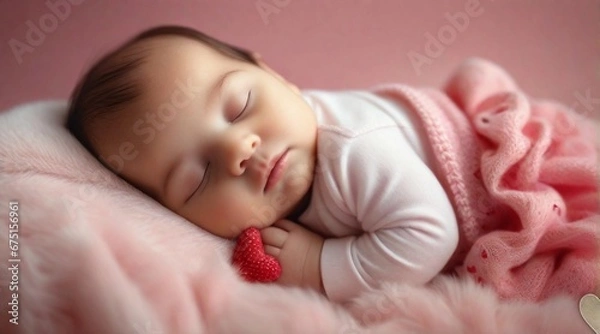 Fototapeta Portrait of a baby girl sleeps tight against Valentine's Day feel background with space for text, generative AI, background image