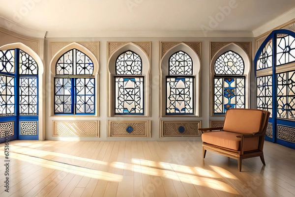 Fototapeta Arabic, Islamic style interior. Rattan chair, table and arabic pattern in window with shadow. pastel color wall