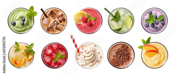 Obraz cool drinks set ; smoothie, juice, sparkling water with fresh and beautiful fruits decorated glass top view on white background.