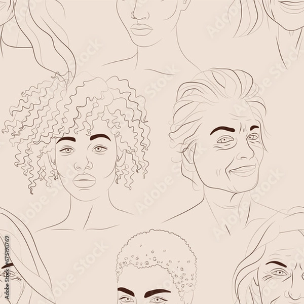 Fototapeta Vector seamless pattern with faces of young black and white mature women. Hand drawn background with people