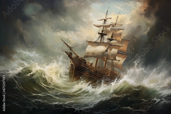 Fototapeta Oil Painting Ship in a Storm Crashing Waves, Dark Artwork Hang in Stately Home or Gallery in Style of Artists From 15th, 16th, 17th, 18th Century Illustration Style