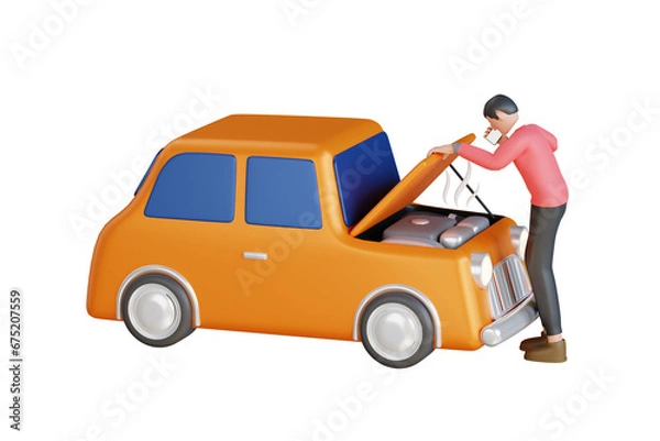 Obraz man calling for assistance with his car broken down by the roadside. Man call car service. 3d illustration