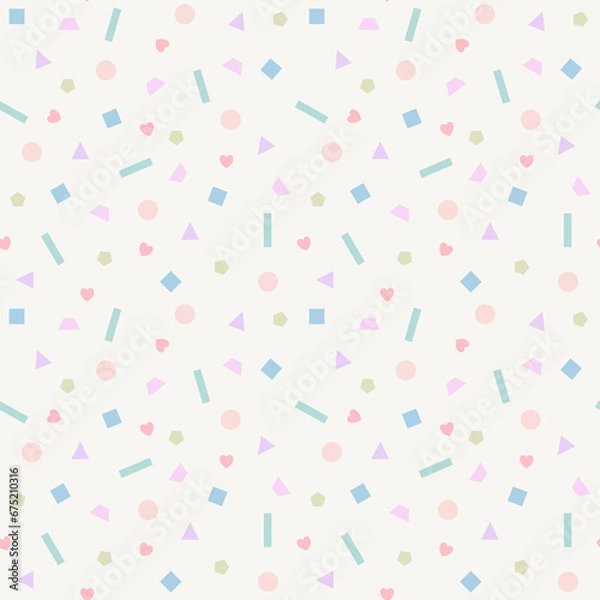 Obraz Beautiful and cute geometric seamless pattern vector. Multicolor pastel geometric shapes. Square, rectangle, trapezoid, triangle, pentagon, circle. Minimal abstract background. Fun and colorful design