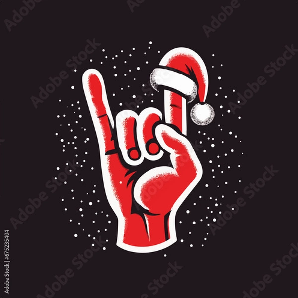 Fototapeta Vintage Christmas Rock n roll greeting hand sign vector in vintage retro style, festive rock 'n roll.