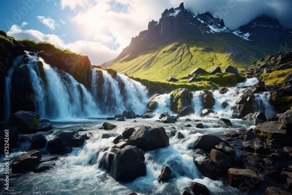 Fototapeta Beautiful summer landscape with mountain waterfall. Iceland, Europe. Beauty world, Perfect view of famous powerful Gljufrabui cascade in sunlight. Dramatic and gorgeous, AI Generated