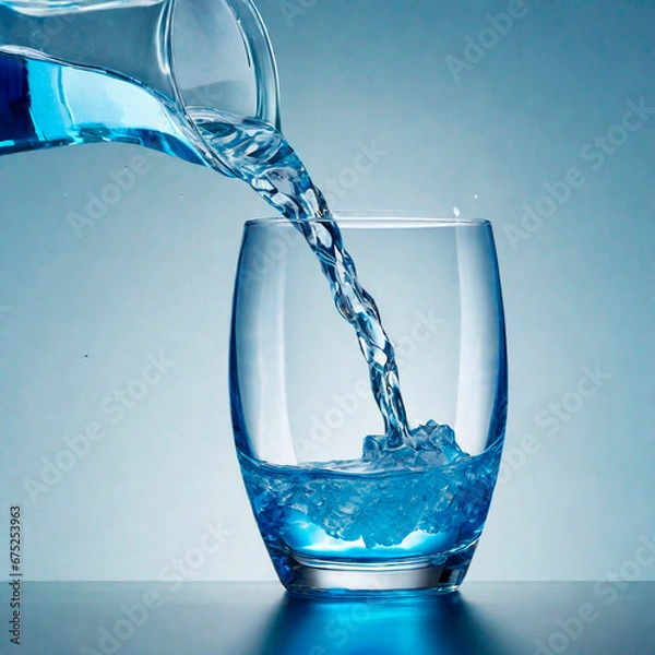 Obraz Pouring water into a glass with splashes on a blue background