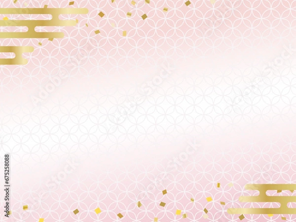 Fototapeta 和風のピンクの背景、和柄の雲や紙吹雪のフレーム、年末年始のバナーやお正月の年賀状に	