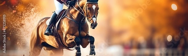 Fototapeta equestrian jumping with blurred background, esquietrian illustration, Generative Ai 