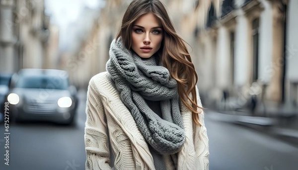 Fototapeta Sensual young model woman posing in outdoor winter scene. Female wearing warm clothes in fashion pose. Autumn winter collection.