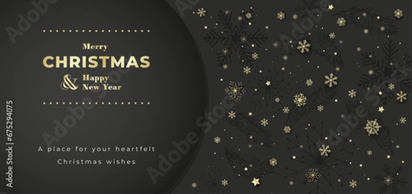 Fototapeta Merry Christmas and Happy New Year card with golden snowflakes