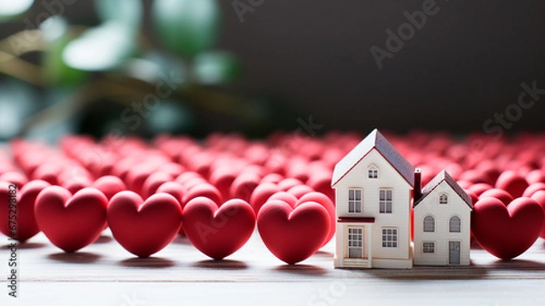 Fototapeta heart shape house on red background with copy space for your message