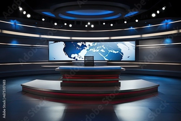 Fototapeta The studio's a news set. Studio TV news program. Newscaster background