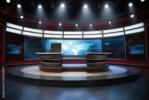 Fototapeta The studio's a news set. Studio TV news program. Newscaster background
