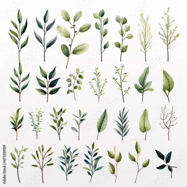Fototapeta set of watercolor clip art of green leaves isolated on white background for graphic design
