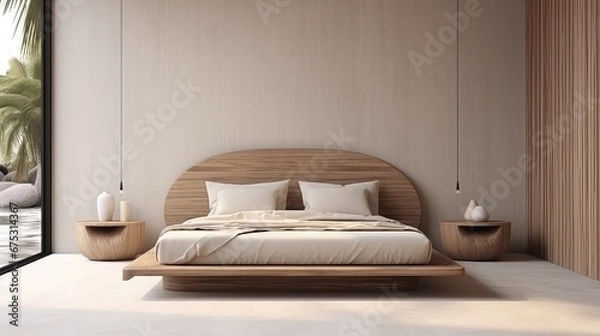 Fototapeta 3D interior rendering of a bedroom with a  wooden bed headboard. 