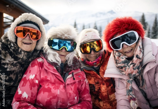 Fototapeta Group of elderly people wearing face masks while skiing in a resort.
