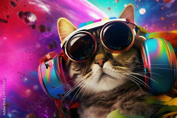 Fototapeta beautiful fat cat wearing VR virtual reality gogles on colored background, Technology future funny activity concept