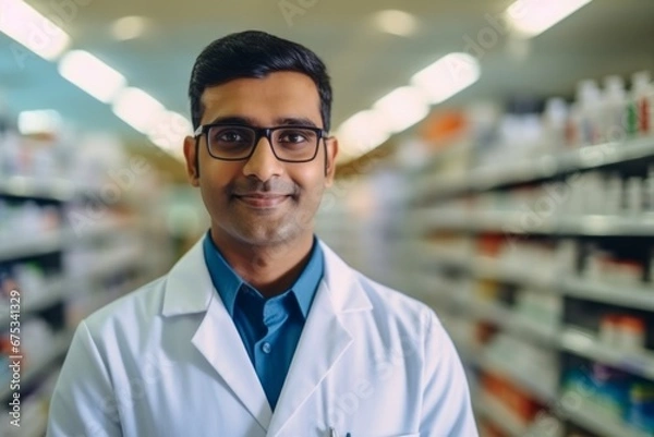 Fototapeta A indian man pharmacist on the background of shelves with medicines