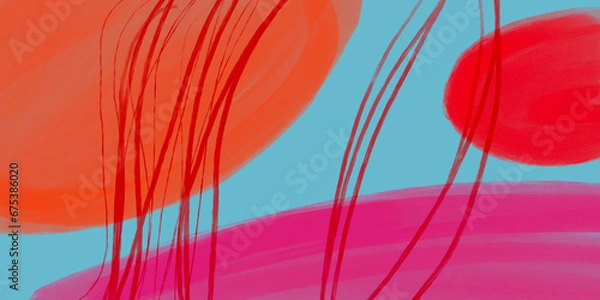 Fototapeta Bright hand-drawn abstract modern art.  Pink red orange ovals on a blue background. A design element of a fabric print, a poster. Poster for the interior