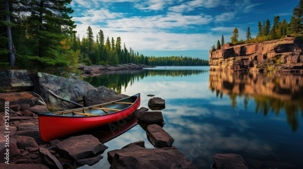 Fototapeta A red canoe rests on the rocky shore of a calm blue
