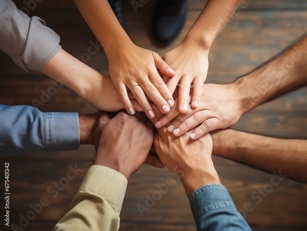 Fototapeta Top view of employee hand putting together. Teamwork and unity concept
