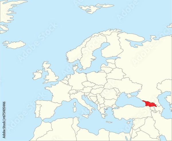 Fototapeta Red CMYK national map of GEORGIA inside simplified beige blank political map of European continent on blue background using Winkel Tripel projection