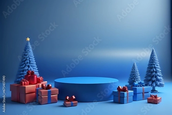 Fototapeta blue podium for product display with new year and Christmas background made with Generative AI